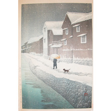 川瀬巴水: Snow at Shinkawabata, Handa, Bishu - Ronin Gallery