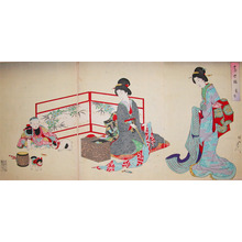 Toyohara Chikanobu: Women Sewing with Child and Cat - Ronin Gallery