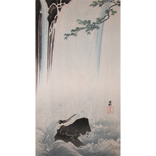 Koson: Wagtail Surrounded by a Waterfall and Waves - Ronin Gallery