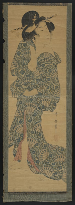 Japanese Print "Fan and Wisteria Patterned Robe on a Woman" by Kitagawa Utamaro, 喜多川歌麿 (Utamaro Kitagawa)