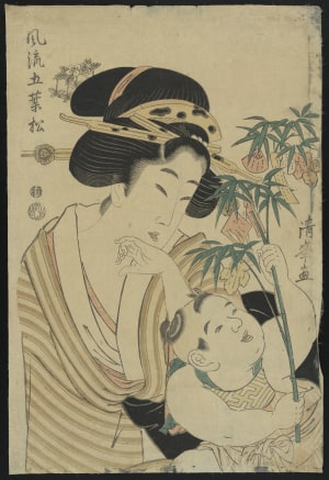 Japanese Print "Woman and Child Looking at a Branch" by Torii Kiyomine, 二代目鳥居清満 (Torii Kiyomine)