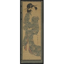Kitagawa Utamaro, 喜多川歌麿 (Utamaro Kitagawa)による浮世絵「Fan and Wisteria Patterned Robe on a Woman」