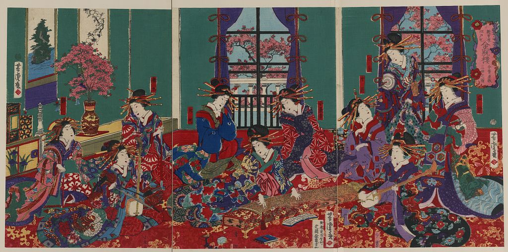 Utagawa Yoshitora: 「新吉原 江戸町 金瓶楼 今紫座敷 三曲之図」「盛 