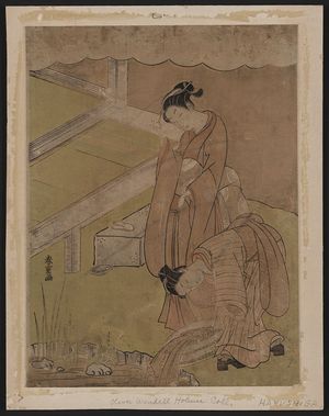 Suzuki Harushige: Young girl throwing goldfish into a pond. - Library of Congress