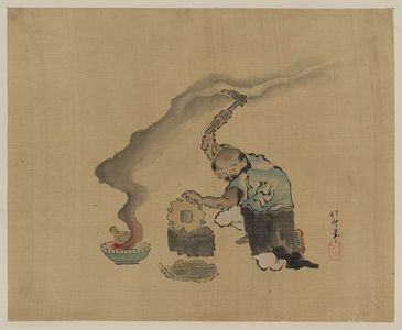 Katsushika Hokusai: [A man engaged in metalwork, appears to be melting statues to reuse the metal, with a kitten next to his left leg] - Library of Congress