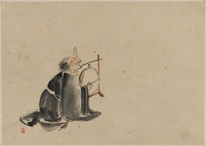 無款: [A monk wearing a mask(?) with a horn, sitting on the ground, beating a drum (tsuri-daiko)] - アメリカ議会図書館