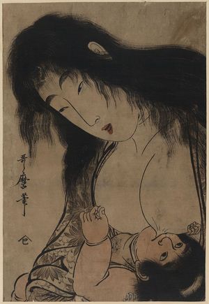 Japanischer Druck "Yamauba breast feeding Kintaro." von Kitagawa Utamaro, 喜多川歌麿 (Kitagawa Utamaro)