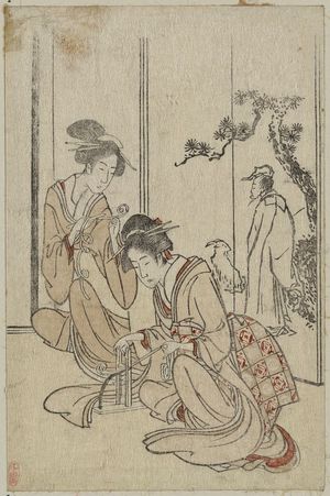 葛飾北斎: Young woman braiding a cord before a screen depicting the Chinese sage Huang Shangping. - アメリカ議会図書館