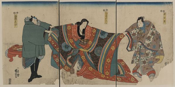 Utagawa Kuniyoshi: Actors in the roles of Taira no Munemori, Mikazuki Osen, and Ebizako no Jū. - Library of Congress