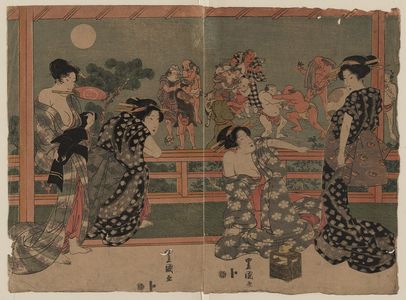 歌川豊国: Women watching a sumō match under a full moon. - アメリカ議会図書館