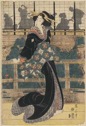 菊川英山: Entertainer standing on a veranda. - アメリカ議会図書館