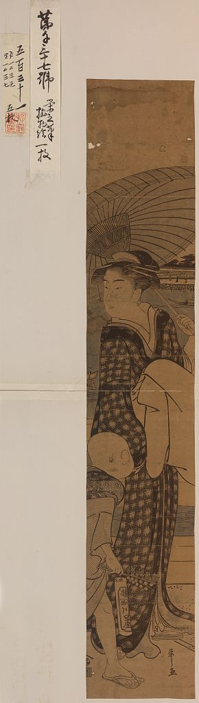 Hosoda Eishi: Beauty and child on a bridge. - Library of Congress