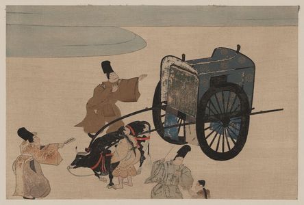 Unknown: [Three men, possibly court officials, and two girls with a two-wheeled ox-cart] - Library of Congress