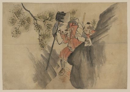 Unknown: [Two men, one carrying a large axe, walking along a narrow mountain pass] - Library of Congress