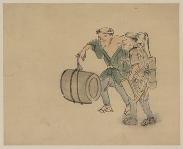 無款: [Two men walking, one carrying a shoulder pole with barrel-like containers, the other carries a long-handled mallet] - アメリカ議会図書館