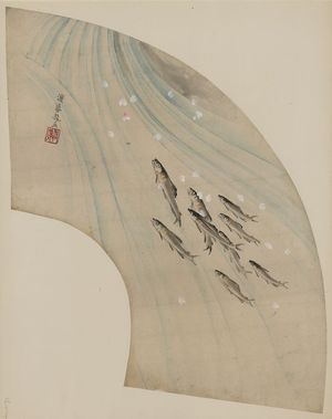 無款: [Fan-shaped drawing of fish swimming upstream] - アメリカ議会図書館
