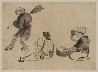 無款: [Man with a broom, wearing geta; woman with spinning wheel; man with a mallet] - アメリカ議会図書館
