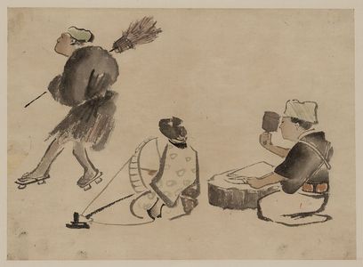 Unknown: [Man with a broom, wearing geta; woman with spinning wheel; man with a mallet] - Library of Congress