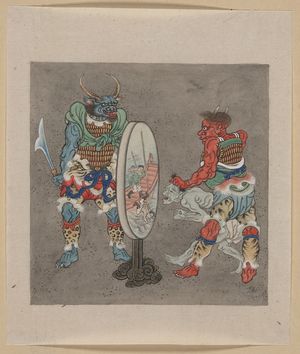 Unknown: [Two mythological Buddhist or Hindu figures, one holding a captive and showing him an image in a magic mirror of a man falling off a boat during a fight] - Library of Congress