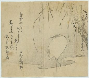 柳々居辰斎: White heron beneath a willow tree. - アメリカ議会図書館