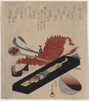 Japanese Print "Shibori, hairpin, and lip color bowl." by Horai Hidenobu