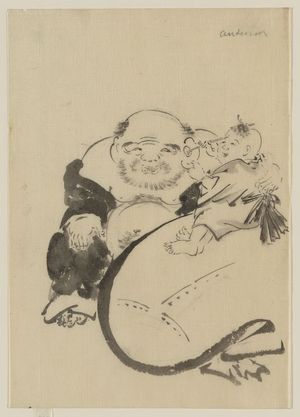 Katsushika Hokusai: [Hotei, the god of good fortune, one of the seven lucky gods, seated, facing front, next to his bottomless bag of goods on which a small child is sitting and who appears to be cleaning Hotei's left ear] - Library of Congress