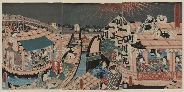 歌川豊国: Flourishing fireworks at Ryōkoku Bridge Kawabiraki (
