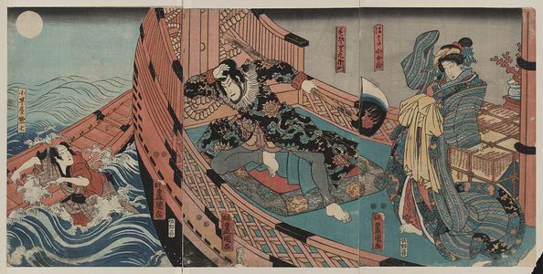 Utagawa Toyokuni (Utagawa Toyokuni)による浮世絵「Actors in the roles of Hakata Kojurō, Kezori Kuemon, and Komachiya Sōshichi.」