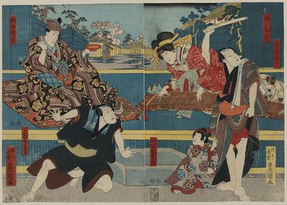 Utagawa Toyokuni I: Actors in the roles of Ibaragi-ya Denzō, Ibaragi-ya Kokonoe, Akita Hideie, and others. - Library of Congress