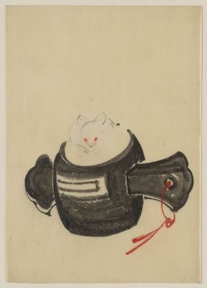 Katsushika Hokusai: [Mouse, facing front, sitting on a mallet with red ribbon through a hole in the handle] - Library of Congress