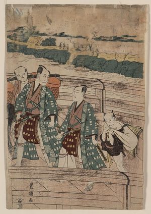 歌川豊国: Ichikawa Omezō and Sawamura Gennosuke crossing Azuma Bridge. - アメリカ議会図書館