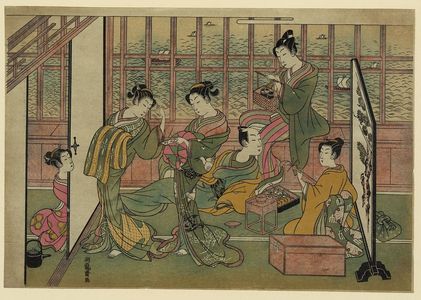 磯田湖龍齋: A brothel in Shinagawa: first page of a Shunga set. - アメリカ議会図書館