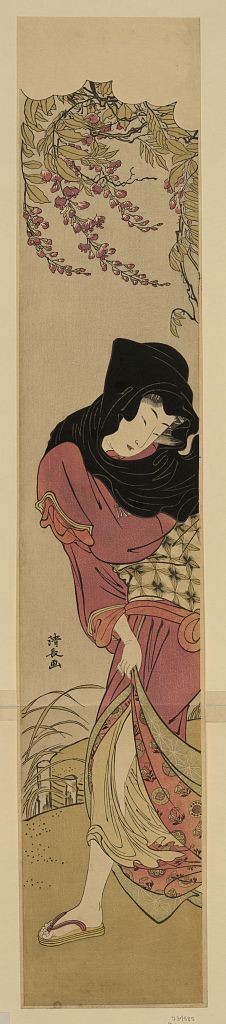 鳥居清長: Woman protecting herself against the wind beneath wisteria blooms. - アメリカ議会図書館