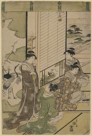 Hosoda Eishi: [Four women composing poetry, possibly as a competition, next to a screen with painting of cranes] - Library of Congress