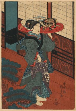 歌川国貞: A waitress carrying a tray of food. - アメリカ議会図書館