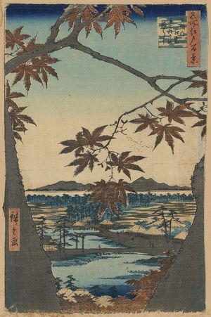 歌川広重: Maple trees at Mama, Tekona Shrine and Linked Bridge. - アメリカ議会図書館
