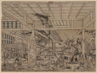歌川豊春: Perspective picture of Minamoto Raikō battling the giant spider and its demons. - アメリカ議会図書館