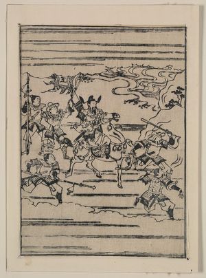 菱川師宣: [Scenes related to the Soga family - a warrior on horseback with retainers leading and following him] - アメリカ議会図書館