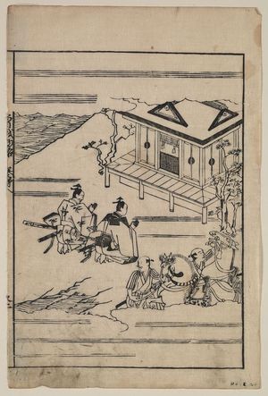 菱川師宣: [Scenes related to the Soga family - two warriors praying in front of a shrine while retainers hold their horses] - アメリカ議会図書館