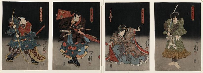 Japanese Print "An actor in the role of Saitogo Kunitake : An actor in the role of Tadanokurando Yukitsuna : An actor in the role of Narutonomae : An actor in the role of Akugenta Yoshihra." by Utagawa Kunisada, 歌川国貞 (Utagawa Kunisada)