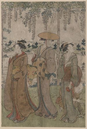 鳥居清長: Three beauties beneath wisteria. - アメリカ議会図書館