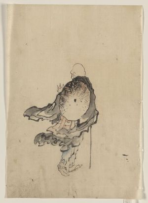 Katsushika Hokusai: [Rear view of a traveler or monk wearing cape and with large conical hat on his back, carrying a short staff in right hand] - Library of Congress