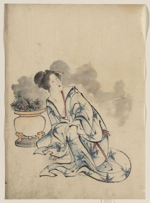 Katsushika Hokusai: [Woman, possibly a courtesan, sitting next to a flowerpot, facing left with head turned to the right, wearing kimono with starburst design that mimics the plants in the pot] - Library of Congress