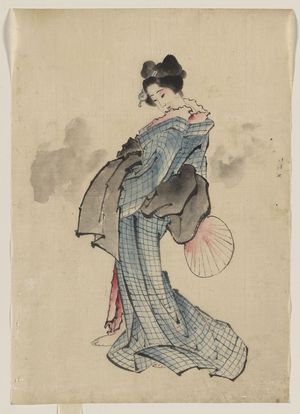 Katsushika Hokusai: [Woman, full-length portrait, standing, facing left, holding fan in right hand, wearing kimono with check design] - Library of Congress