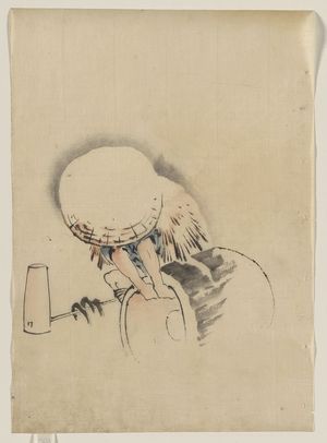 Katsushika Hokusai: [A man, wearing a large conical hat and a straw or feather garment, attempting to turn on end a barrel-like object, possibly a mochi tub; on the ground next to him is long-handled mallet] - Library of Congress