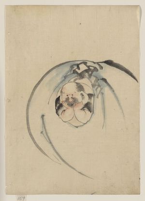 Katsushika Hokusai: [Hotei, the god of good fortune, one of the seven lucky gods, facing front with his head resting on his hands, peering out through an opening in his bottomless bag of goods] - Library of Congress