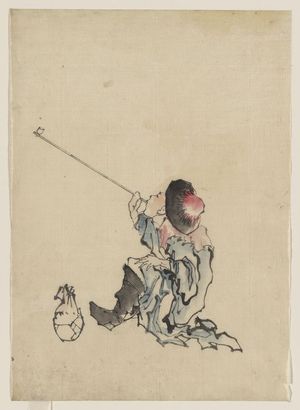 Katsushika Hokusai: [A traveler, seated, wearing a robe, boots, and rounded-top conical hat, smoking a long pipe; a small bag is on the ground next to his feet] - Library of Congress