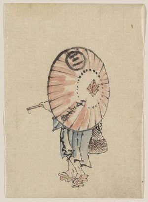 葛飾北斎: [A person walking to the left, mostly obscured by an open parasol carried over the shoulder, wearing kimono and geta, and carrying a bag in right hand] - アメリカ議会図書館