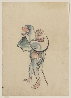 Katsushika Hokusai: [A man walking to the left, with a large hat resting on his back and wearing sandals, holding a short staff possibly used to propell a boat] - Library of Congress