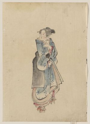 Katsushika Hokusai: [A woman walking to the right, full-length portrait, facing left, wearing kimono and geta] - Library of Congress
